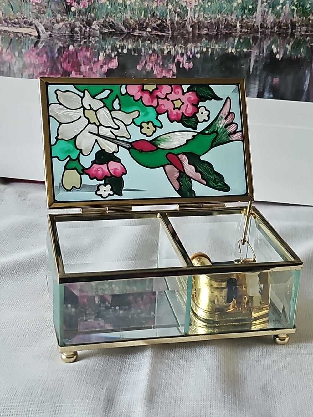 Glass Jewelry Music Box with Green & Pink Hummingbird Design